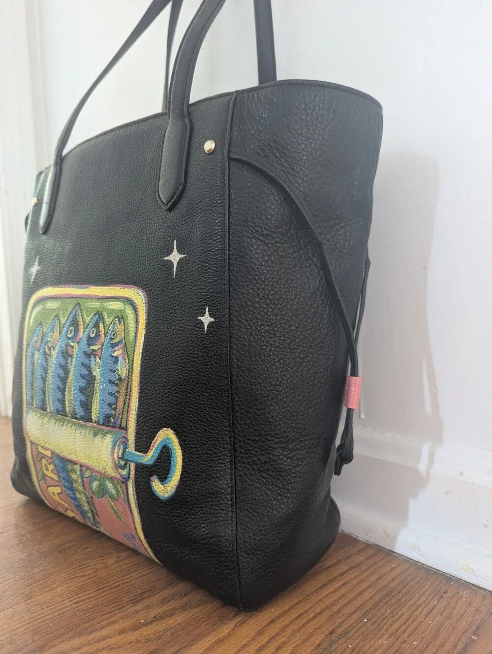 Black Handpainted Kate Spade Tote Bag with Colorful Sardine Artwork - Picture 4 of 6